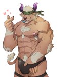 abs accessory anthro beckoning bulge clothing condom condom_in_mouth gesture grin headband male mouth_hold muscular muscular_anthro muscular_male nipple_piercing nipple_ring nipples object_in_mouth pecs piercing ring_piercing sexual_barrier_device sharp_teeth smile solo speedo swimwear teeth tamainu lifewonders tokyo_afterschool_summoners shennong_(tas) bovid bovine cattle mammal hi_res