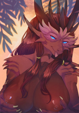 anthro areola big_breasts blue_eyes breast_squish breasts brown_areola brown_nipples claws eyelashes female female_anthro hair holding_breast horn long_hair looking_at_viewer nipples nude red_body red_hair red_scales scales simple_background smile solo spikes spikes_(anatomy) squish tongue tongue_out wanderertamplior european_mythology heralds_of_the_avirentes mythology dragon mythological_creature mythological_scalie scalie western_dragon video_games colored digital_media_(artwork) hi_res portrait shaded