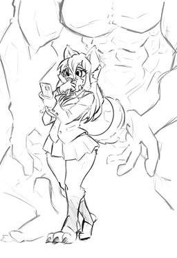 anthro big_breasts bottomwear breasts clothing duo electronics female hand_in_mouth holding_object holding_phone imminent_rape imminent_sex male male/female phone school_uniform size_difference skirt standing tail taking_picture taking_selfie thick_thighs uniform snoutless skye_(rainestormuts) canid canine fox mammal monster nomu absurd_res hi_res monochrome