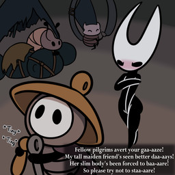 ambiguous_gender annoyed anthro blush breasts butt covering covering_breasts covering_crotch covering_self embarrased_female embarrassed featureless_feet feet female glare glaring_at_another group horn humor modest nude on_model onomatopoeia pilgrim public public_nudity side_butt singing sound_effects text otterslinger hollow_knight:_silksong hollow_knight_(franchise) team_cherry hornet_(hollow_knight) sherma_(hollow_knight:_silksong) arthropod 1:1 english_text female_(lore) male_(lore)