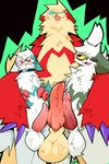 anthro balls balls_touching blue_markings bodily_fluids frottage genital_fluids genitals group male male/male markings open_mouth penile penis precum red_markings sex tongue tongue_out trio keeb nintendo pokemon delaceae_(sterzoi) generation_3_pokemon pokemon_(species) shiny_pokemon zangoose hi_res