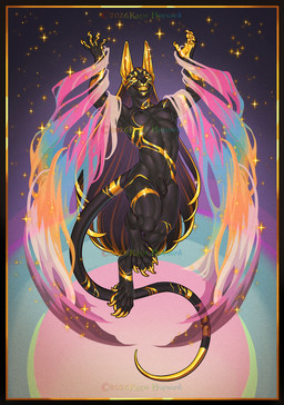 anthro black_body breasts claws cropped_ears curvy_figure fangs flaccid genitals gold_accents hair herm intersex lgbt_pride long_hair long_tail penis pride_colors small_breasts smile solo tail teeth thick_thighs katie_hofgard lgbt_pride_month anubian_jackal canid canine canis humanoid jackal mammal hi_res
