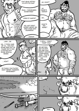 abs bottomwear bulge clothed clothing dialogue facial_piercing hairy male male/male muscular nipple_piercing nipples nose_piercing nose_ring pants piercing ring_piercing sitting text topless husky92 european_mythology greek_mythology mythology bovid bovine humanoid mammal minotaur orc comic english_text greyscale hi_res monochrome multiple_scenes