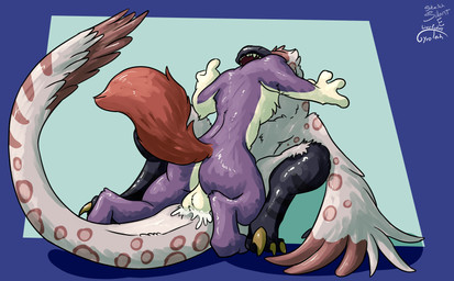 anal anthro anthro_pred anthro_prey balls biped blue_eyes claws duo genitals leg_markings male male/male male_pred male_prey markings oral_vore paws purple_body red_markings same_size_vore socks_(marking) tongue tongue_out vore white_body winter_coat gyrotech silent_e blitzstoat_(gyro) dinosaur dromaeosaurid mammal mustelid musteline prehistoric_species reptile saurischian scalie stoat theropod true_musteline weasel hi_res