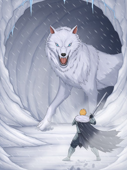 armor blue_eyes duo feral ice male melee_weapon size_difference snow sword weapon shadowfury canid canine canis human mammal wolf 3:4 absurd_res hi_res