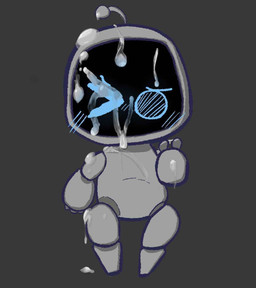 ambiguous_gender blue_eyes blush bodily_fluids chibi cum cum_covered cum_on_body cum_on_face cum_on_ground cum_on_screen embarrassed genital_fluids grey_background machine messy screen screen_face simple_background solo standing softsillk astro_bot_(series) astro_(astro_bot) bot_(astro_bot) robot hi_res