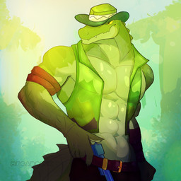 5_fingers abs anthro armband barazoku belt clothing fingers green_body green_clothing green_hat green_headwear green_topwear green_vest gun hand_on_gun hat headgear headwear logo male muscular muscular_anthro muscular_male overbite pecs ranged_weapon serious solo tail topwear vest weapon yellow_eyes megadolix crocodile crocodilian reptile scalie 1:1 artist_logo digital_media_(artwork) half-length_portrait hi_res portrait