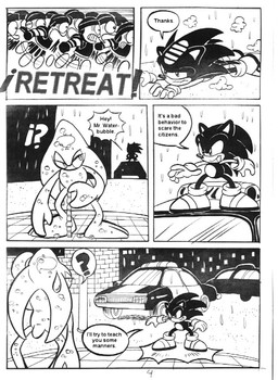 anthro biped car chibi dialogue exclamation_point insult on_car outside plantigrade police police_car police_vehicle question_mark speech_bubble text vehicle water ayamepso sega sonic_adventure sonic_the_hedgehog_(series) chaos_(sonic) sonic_the_hedgehog elemental_creature eulipotyphlan hedgehog humanoid mammal water_creature black_and_white comic digital_drawing_(artwork) digital_media_(artwork) english_text line_art monochrome translated