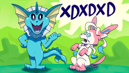 ambiguous_gender biped bipedal_feral blue_body duo feral gesture green_background hand_gesture laugh laughing_at pink_body pointing simple_background smile metapod_para_presidente metro-goldwyn-mayer nintendo pokemon tom_and_jerry jerry_mouse thomas_cat eeveelution generation_1_pokemon generation_6_pokemon pokemon_(species) sylveon vaporeon 16:9 hi_res meme widescreen