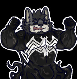 abs anthro aroused beard bulge clothing duo facial_hair flexing goo_transformation hair kemono looking_pleasured male male/male muscular muscular_male open_mouth pecs suit suit_transformation takeover tendrils transformation behimosfreud marvel magunm venom_(marvel) canid canine canis mammal symbiote wolf hi_res