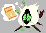 1_eye ambiguous_gender beak bodily_fluids chips_(food) drooling exclamation_point feral food hair open_mouth saliva solo thought_bubble white_hair conditional_dnp wolftacos cartoon_network steven_universe centipeetle alien arthropod corrupted_gem gem_(species) insect nephrite_(gem_species) digital_media_(artwork) hi_res