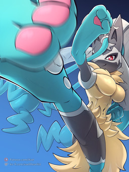 abs anthro blue_body blue_fur breasts female flexible foreshortening fur grey_body hair high_kick kick looking_at_viewer one_leg_up pawpads paws ponytail raised_leg smile solo splits spread_legs spreading standing vertical_splits yellow_body yellow_fur xael_the_artist nintendo pokemon xaya_the_lucario canid generation_9_pokemon mammal mega_evolution mega_lucario_z pokemon_(species) 3:4 absurd_res hi_res