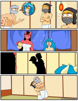 armor back_pain black_eyes black_hair blue_hair border breasts cleavage clothed clothing eyes_closed female fire group hair half-closed_eyes headgear helmet horn inside laugh male mask misunderstanding narrowed_eyes navel ninja open_mouth silhouette smile standing towel towel_only warrior white_border white_horn white_towel perezoso_draw asian_mythology east_asian_mythology japanese_mythology mythology animal_humanoid demon dragon dragon_humanoid human humanoid mammal mythological_creature mythological_scalie oni scalie yokai 2024 colored comic digital_media_(artwork) hi_res pictographics