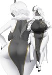 anthro anthrofied big_breasts big_butt biped black_claws black_clothing black_dress black_footwear black_horn black_nose black_shoes black_tail blade blade_tail breasts butt claw_fingers claws clothed clothing curvy_figure cute_fangs dress eye_through_hair eyelashes fangs female female_anthro finger_claws footwear front_view fully_clothed fur grey_body grey_sclera grey_skin hair hair_over_eye hand_on_hip horn huge_breasts kemono looking_at_viewer looking_back looking_back_at_viewer monotone_body monotone_fur monotone_hair monotone_tail multicolored_body navel_outline neck_tuft open_mouth pink_tongue pokemorph rear_view sideless_dress simple_background solo standing tail tail_blade teeth tongue translucent translucent_hair tuft two_tone_body voluptuous weapon_tail white_background white_body white_fur white_hair wide_hips yellow_eyes chva nintendo pokemon absol generation_3_pokemon mammal pokemon_(species) 2025 absurd_res colored digital_media_(artwork) full-length_portrait hi_res multiple_images portrait shaded three-quarter_portrait