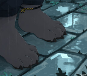 4_toes ambiguous_form ambiguous_gender anklet barefoot black_bottomwear black_claws black_clothing black_pants black_pawpads bottomwear claws clothing feet foot_shot fur grey_body grey_fur jewelry outside pants pawpads plantigrade raining solo standing toes pache_riggs ambiguous_species hi_res signature