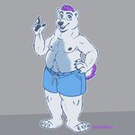 5_fingers anthro barefoot belly big_belly biped black_nipples black_nose black_pawpads body_hair claws clothing feet finger_claws fingers fur grey_background hair hand_on_hip happy_trail male nipples overweight overweight_anthro overweight_male pawpads paws plantigrade purple_hair simple_background smile solo standing swimming_trunks swimwear tail teeth toe_claws white_body white_fur keenadraws orion_the_bear bear mammal polar_bear ursine 1:1 2023 absurd_res digital_drawing_(artwork) digital_media_(artwork) full-length_portrait hi_res portrait