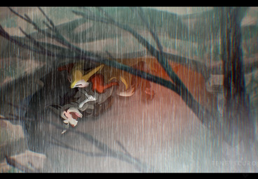 ambiguous_gender anthro black_bars duo feral fur inner_ear_fluff lying_on_another raining tuft tenebscuro nintendo pokemon braixen canid canine generation_3_pokemon generation_6_pokemon mammal mightyena pokemon_(species) absurd_res hi_res letterbox shaded
