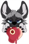 ambiguous_form ambiguous_gender blood blue_eyes bodily_fluids canid dripping_blood fangs food food_in_mouth fur glistening glistening_eyes grey_body grey_fur head_tuft looking_at_viewer mammal meat princelykaden raw_meat simple_background solo teeth tuft white_background