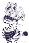 5_fingers anthro breasts claws clothed clothing dancer_outfit dancing ear_piercing ear_ring fangs female finger_claws fingers fur hair humanoid_hands midriff navel piercing ring_piercing smile solo striped_body striped_fur stripes teeth snowsnow11 microsoft the_elder_scrolls riilitha felid khajiit mammal 2022 hi_res sketch traditional_media_(artwork)