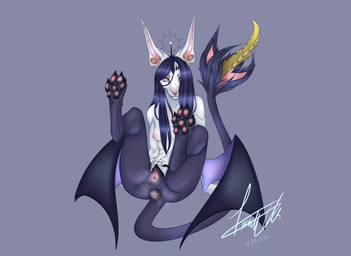1_horn animal_genitalia animal_penis animal_vulva anthro anus athletic athletic_female barefoot biped bodily_fluids breasts butt canine_genitalia canine_vulva claws digitigrade ear_piercing ear_ring erection feet female foot_fetish foot_focus fur genitals gleaming_eyes gold_(metal) gold_tooth hair halo heart_eyes heart_symbol horn lips long_hair looking_at_viewer low_wings makeup multicolored_body musk musky_anus musky_vulva navel nipples nude open_tail pawpads paws penis piercing pink_nose plump_labia pose presenting presenting_anus presenting_vulva puffy_anus purple_hair ribbed_penis ring_piercing simple_background sitting smile solo sweat sweaty_genitalia tail tail_genitals tail_penis teeth text toe_claws toes two_tone_body unusual_anatomy unusual_genitalia_placement unusual_penis_placement unusual_tail vulva white_body white_fur wings womb_tattoo nelly's_illustrations mythology nameless_character angel bat canid canine canis demon jackal mammal mythological_creature succubus absurd_res digital_media_(artwork) hi_res pinup