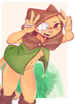 4_fingers anthro blush boots boots_only breasts claws cloak cloak_only clothing eye_wound female fingers footwear footwear_only gesture grass hand_gesture hand_wound hood looking_at_viewer mostly_nude navel plant shoes snaggle_tooth solo under_boob v_sign c3ilin microsoft prequel_adventure the_elder_scrolls katia_managan felid khajiit mammal hi_res