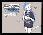 ambiguous_gender anthro blue_hair clothing coffee_mug duo femboy hair oversized_clothing oversized_shirt oversized_topwear shirt text tired topwear white_body ds0ivi0 stiria felid feline humanoid mammal absurd_res english_text hi_res