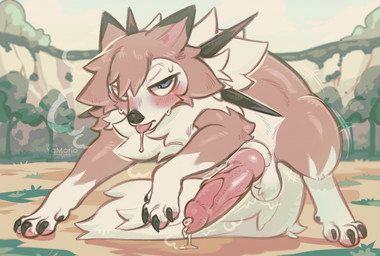 animal_genitalia animal_penis balls big_penis blue_eyes blush bodily_fluids brown_body brown_fur canine_genitalia canine_penis claws day erection feral finger_claws fur genital_fluids genitals grey_body hair huge_penis knot knotted_penis looking_at_viewer male penis perineum precum quadruped solo spikes sweat sweatdrop tail toe_claws tongue white_body white_fur yamorio nintendo pokemon canid canine generation_7_pokemon lycanroc mammal midday_lycanroc pokemon_(species) 2026 hi_res shaded