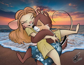 3_toes anthro beach blush buckteeth clothing duo facial_tuft feet female hug male male/female pink_nose romantic romantic_couple sand scut_tail seaside short_tail smile striped_body stripes sunset swimming_trunks swimwear tail teeth toes tuft water chris_fischer chip_'n_dale_rescue_rangers disney chip_(disney) gadget_hackwrench chipmunk ground_squirrel mammal mouse murid murine rodent sciurid 2020 absurd_res hi_res photography_(artwork) signature
