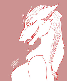 ahoge anthro braided_hair braided_ponytail ears_back ears_down fangs female fluffy hair looking_at_viewer pivoted_ears ponytail red_background side_eye simple_background slightly_open_mouth smile smiling_at_viewer solo teeth thepurpalynn sergal 2022 5:6 hi_res restricted_palette signature