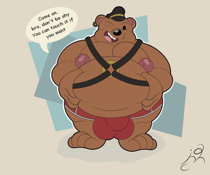 anthro areola bdsm belly belly_grab big_belly big_bulge brown_body brown_fur bulge clothing detailed_bulge ear_piercing fur hat headgear headwear male moobs nipples one_eye_closed open_mouth overweight piercing pink_areola pink_nipples red_clothing red_underwear simple_background solo standing talking_to_viewer text underwear jon_noj cartoon_network we_bare_bears grizzly_(we_bare_bears) bear brown_bear grizzly_bear mammal ursine english_text hi_res