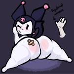 anthro bandage_on_butt big_butt blush body_blush butt butt_blush disembodied_hand female head_on_hand looking_back one_eye_closed raised_tail rear_view solo spade_tail spread_legs spreading tail thick_thighs lewdewott onegai_my_melody sanrio kuromi demon lagomorph mammal 2023 digital_drawing_(artwork) digital_media_(artwork) hi_res