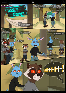anthro blue_body blue_fur brown_body brown_fur buckteeth cutlery detailed_background dialogue fur gun kitchen_utensils male market multicolored_body multicolored_fur plant ranged_weapon red_eyes robotic_leg speech_bubble spoon teeth text tools tree weapon silentbandit guardians_of_the_galaxy marvel blackjack_o'hare rocket_raccoon halfworlder lagomorph leporid mammal procyonid rabbit raccoon absurd_res comic english_text hi_res