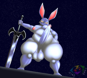 anthro balls big_balls big_penis bodily_fluids erection genital_fluids genitals male melee_weapon overweight overweight_male penis precum precum_string solo sword weapon zymbeaky devil_may_cry_(netflix) white_rabbit_(dmc) lagomorph leporid mammal rabbit
