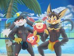 abs beach blush bulge clothing detailed_bulge duo eyewear goggles grin hair hat headgear headwear long_ears male male/male muscular muscular_male net nipples palm_tree pecs plant ponytail sea seaside smile speedo swimwear tree water s-o-husky bandai_namco klonoa_(series) klonoa_beach_volleyball guntz klonoa canid canine canis domestic_cat felid feline felis mammal moo_(klonoa) wolf hi_res