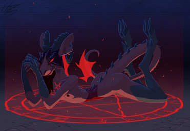 anthro black_hair breasts cloven_hooves curved_horn ear_piercing ear_ring female glowing glowing_eyes hair hooves horn lying magic magic_circle nipples nude occult_symbol on_front pentacle pentagram piercing red_eyes ring_piercing scales solo spikes summoning symbol wings phlegraofmystery bovid caprine demon mammal aliasing digital_media_(artwork)
