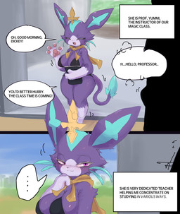 anthro big_breasts blush breasts dialogue duo erection faceless_character faceless_human faceless_male female greeting looking_at_viewer male open_mouth purple_body purple_eyes shortstack text thick_thighs ehada league_of_legends riot_games tencent battle_principal_yuumi yuumi_(lol) felid human mammal comic english_text hi_res