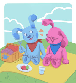 3_toes 4_fingers ambiguous_gender basket blue_body blue_eyes clue_(blue's_clues) container cup cutlery duo eyes_closed eyewear feet female fingers food footprint fork fruit glasses holding_fork holding_object kerchief kitchen_utensils looking_aside neckerchief neckwear outside pawprint picnic picnic_basket picnic_blanket pink_body plant purple_nose sitting strawberry toes tools alebrijedraws blue's_clues nickelodeon blue_(blue's_clues) magenta_(blue's_clues) canid canine canis domestic_dog mammal 2019 absurd_res hi_res signature