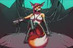 anthro black_nipples black_pussy blue_eyes breasts cable claws collar concealed_weapon dipstick_tail female fur genitals gun hair machine markings multicolored_tail nipples orange_body orange_fur pink_hair pussy ranged_weapon robotic_reveal solo tail tail_markings toe_claws two_tone_tail weapon wire talynn android canid canine fox mammal robot