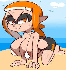 all_fours areola areola_slip athletic_wear beach big_breasts bikini bodily_fluids bottomwear breasts clothing female hair micro_bikini orange_eyes orange_hair pseudo_hair seaside shorts solo sweat swimwear tentacle_hair tentacles two-piece_swimsuit vilepluff nintendo splatoon inkling_girl kaori_(splatoon) animal_humanoid aquatic aquatic_humanoid cephalopod cephalopod_humanoid humanoid inkling mollusk mollusk_humanoid 2020 aliasing digital_media_(artwork) unavailable_at_source