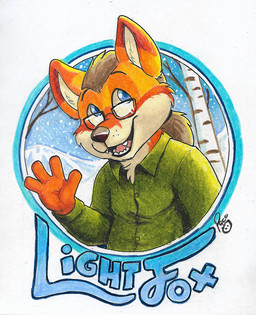 anthro black_nose blue_eyes brown_hair clothed clothing fangs front_view fur gesture glistening glistening_eyes green_clothing green_topwear hair logo male male_anthro open_mouth open_smile orange_body orange_fur outside plant red_tongue smile snow snowing solo tan_body tan_fur teeth tongue topwear tree waving waving_at_viewer pandapaco canid canine fox mammal artist_logo signature