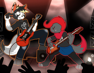 3_toes 4_toes audience barefoot black_body black_bottomwear black_clothing black_footwear black_fur black_hair black_nose black_topwear blonde_hair blonde_highlights blue_bottomwear blue_clothing bottomwear clothed clothing crowd dipstick_tail duo_focus electric_guitar eyes_closed feet fluffy fluffy_tail footwear fully_clothed fur grey_body grey_fur grin group guitar guitar_pick hair highlights_(coloring) holding_guitar holding_musical_instrument holding_object legwear looking_down markings multicolored_tail musical_instrument musician on_stage playing_music plucked_string_instrument raised_leg red_body red_fur red_hair shirt silhouette skirt smile speaker spotlight stage string_instrument t-shirt tail tail_markings tights toeless_legwear toes topwear white_body white_fur felino drew_(dfrag) emarosa domestic_cat felid feline felis mammal 2020 hi_res