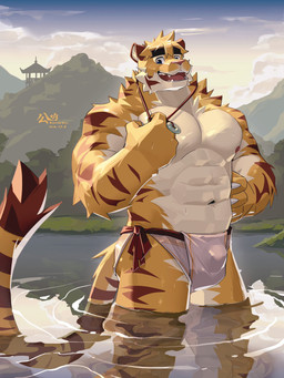 abs anthro asian_clothing barazoku biceps big_muscles bulge claws clothed clothing cloud day detailed_background east_asian_clothing eyebrows fundoshi fur huge_muscles japanese_clothing jewelry kemono lake looking_at_viewer male mountain muscular muscular_anthro muscular_male navel necklace nipples open_mouth open_smile outside partially_submerged pecs sky smile solo standing teeth thick_eyebrows tongue topless topless_anthro topless_male tuft underwear water wet wet_body wet_fur roosterbliss felid mammal pantherine tiger 2023 3:4 dated hi_res signature