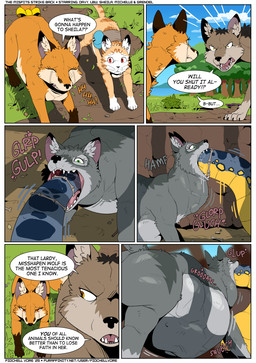 belly big_belly blue_body brown_body brown_fur female female_pred feral fur grey_body grey_fur group oral_vore orange_body orange_fur outside overweight profanity speech_bubble text vore fidchellvore aspen_(fidchellvore) davy_(fidchellvore) michelle_(fidchellvore) sheila_(fidchellvore) canid canine canis domestic_cat felid feline felis fox mammal reptile scalie snake wolf 2025 comic english_text
