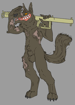 animal_genitalia anthro ball_tuft balls brown_balls brown_body brown_fur brown_sheath casual_nudity claws crotch_tuft detached_sheath digitigrade facial_scar fangs fully_sheathed fur genitals gesture grey_background holding_object holding_weapon inner_ear_fluff long_tongue male neck_tuft notched_ear nude open_mouth open_smile orange_eyes orange_sclera panzerschrecker paws ranged_weapon salute scar sheath simple_background smile solo standing teeth tongue tuft weapon weapon_on_shoulder xenopera mythology corporal_(xenopera) canid canine mammal mythological_canine mythological_creature werecanid werecanine werecreature werewolf 2021 aliasing digital_drawing_(artwork) digital_media_(artwork) hi_res