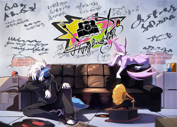 ambiguous_gender anthro blue_body blue_eyes blue_fur clothing collar duo feral fur furniture graffiti graffiti_on_wall jewelry necklace pink_body pink_fur pokeball pokemorph record record_player sofa spots standard_pokeball tail white_body white_fur yellow_eyes neihai nintendo pokemon kian_(kianyemao) yemao_(kianyemao) canid canine felid feline generation_5_pokemon generation_7_pokemon liepard lycanroc mammal midnight_lycanroc pokemon_(species) shiny_pokemon absurd_res hi_res