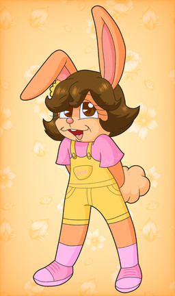 accessory anthro brown_eyes brown_hair clothing female flower flower_in_hair fluffy fluffy_tail footwear fur hair hair_accessory hands_behind_back looking_at_viewer open_mouth orange_body orange_fur overalls pink_clothing pink_footwear pink_shirt pink_shoes pink_socks pink_topwear plant shirt shoes short_hair simple_background socks solo tail topwear yellow_clothing yellow_overalls young saltypupcake chuck_e._cheese's_pizzeria bella_brinca bella_bunny lagomorph leporid mammal rabbit 2026 digital_media_(artwork) hi_res