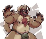 action_pose anthro beard belly body_hair briefs brown_body brown_fur bulge chest_hair clothing detailed_bulge ear_piercing facial_hair fur gauged_ear male musclegut muscular muscular_anthro muscular_male paws piercing pose slightly_chubby solo underwear wrestling_briefs amiles clawstar_wrestling tremor_(clawstar_wrestling) canid canine canis domestic_dog mammal 2023 hi_res