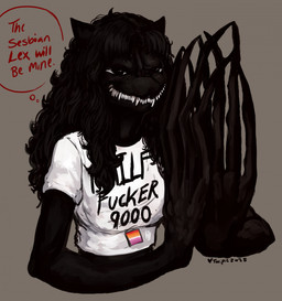 anthro bangs black_body black_eyes black_fur black_hair breasts clothing curly_hair female fur hair lesbian_pride_colors lgbt_pride long_fingers long_hair monotone_background pride_colors sharp_teeth shirt simple_background smile solo t-shirt teeth text text_on_clothing text_on_shirt text_on_topwear thought_bubble topwear white_clothing white_shirt white_t-shirt white_topwear misstwipietwins twipie eldritch_abomination monster english_text half-length_portrait hi_res portrait