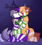 anthro antlers arm_warmers armwear bed blush clothing collar duo eyes_closed femboy fur furniture grey_body grey_fur hair horn kissing kneeling leash leash_pull leashed_collar legwear making_out male male/male orange_body orange_fur purple_hair stripes thigh_highs lotsoflatte ezzyboyo torkle ailurid canid canine canis deer domestic_dog german_shepherd herding_dog hybrid mammal pastoral_dog red_panda hi_res