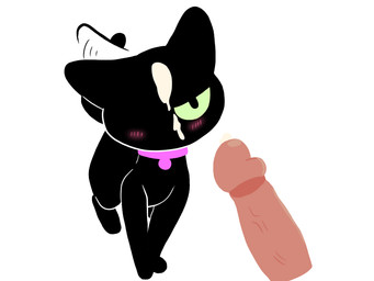 ambiguous_gender annoyed bestiality black_body black_fur blush blush_lines bodily_fluids circumcised collar cum cum_drop cum_on_face digitigrade disembodied_penis duo ear_flick ear_motion feral fur genital_fluids genitals green_eyes human_on_feral humanoid_genitalia humanoid_penis interspecies looking_at_another looking_at_partner male male/ambiguous motion_lines mouthless noseless one_eye_closed one_eye_visible outline penis purple_collar quadruped simple_background tail vein veiny_penis white_background white_outline darkwarks extra_credits extra_history zoey_(extra_credits) domestic_cat felid feline felis human mammal 2026 4:3 colored colored_line_art digital_drawing_(artwork) digital_media_(artwork) hi_res female_(lore)